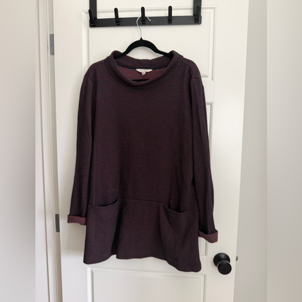 Organic Cotton Striped Cowl Neck Tunic Sweater - Black & Burgundy